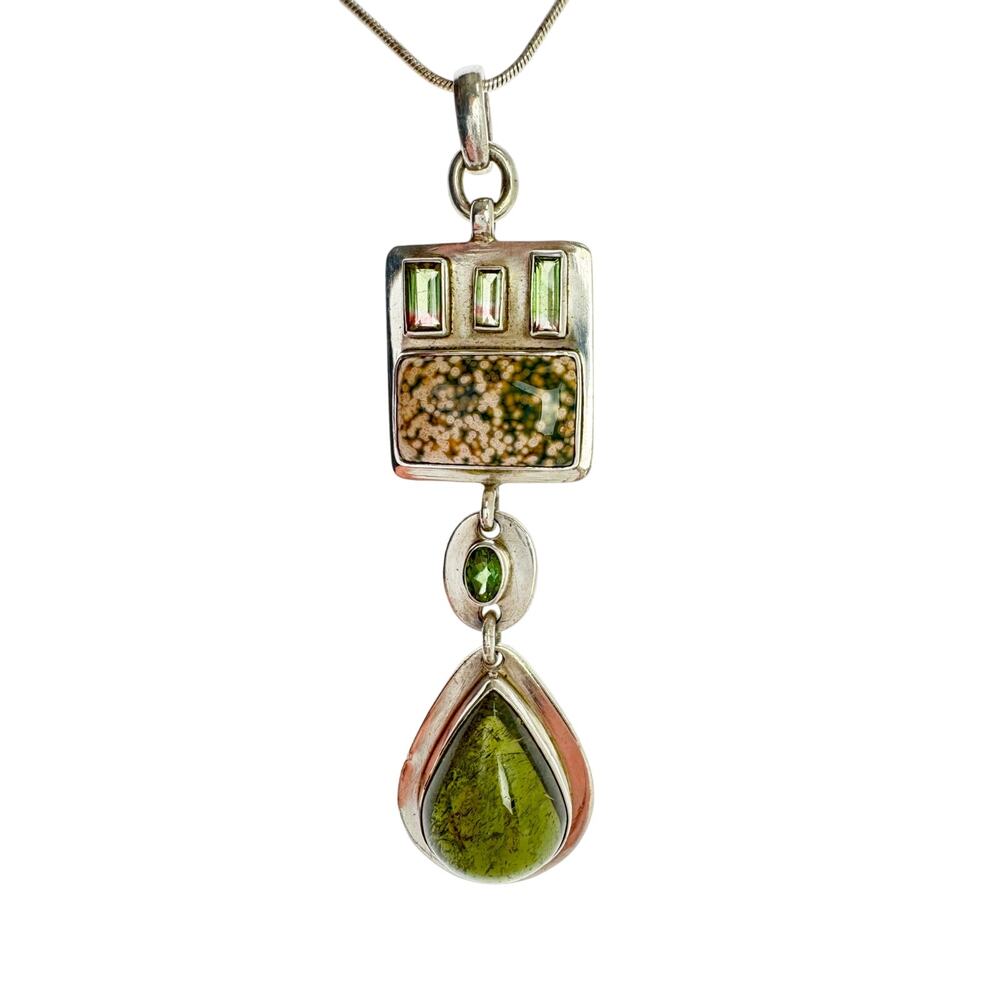 Green and Watermelon Tourmaline Jasper Sterling Silver Handmade Pendant